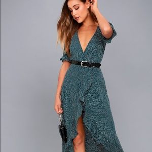 Forest Green Polka Dot High-Low Wrap Dress